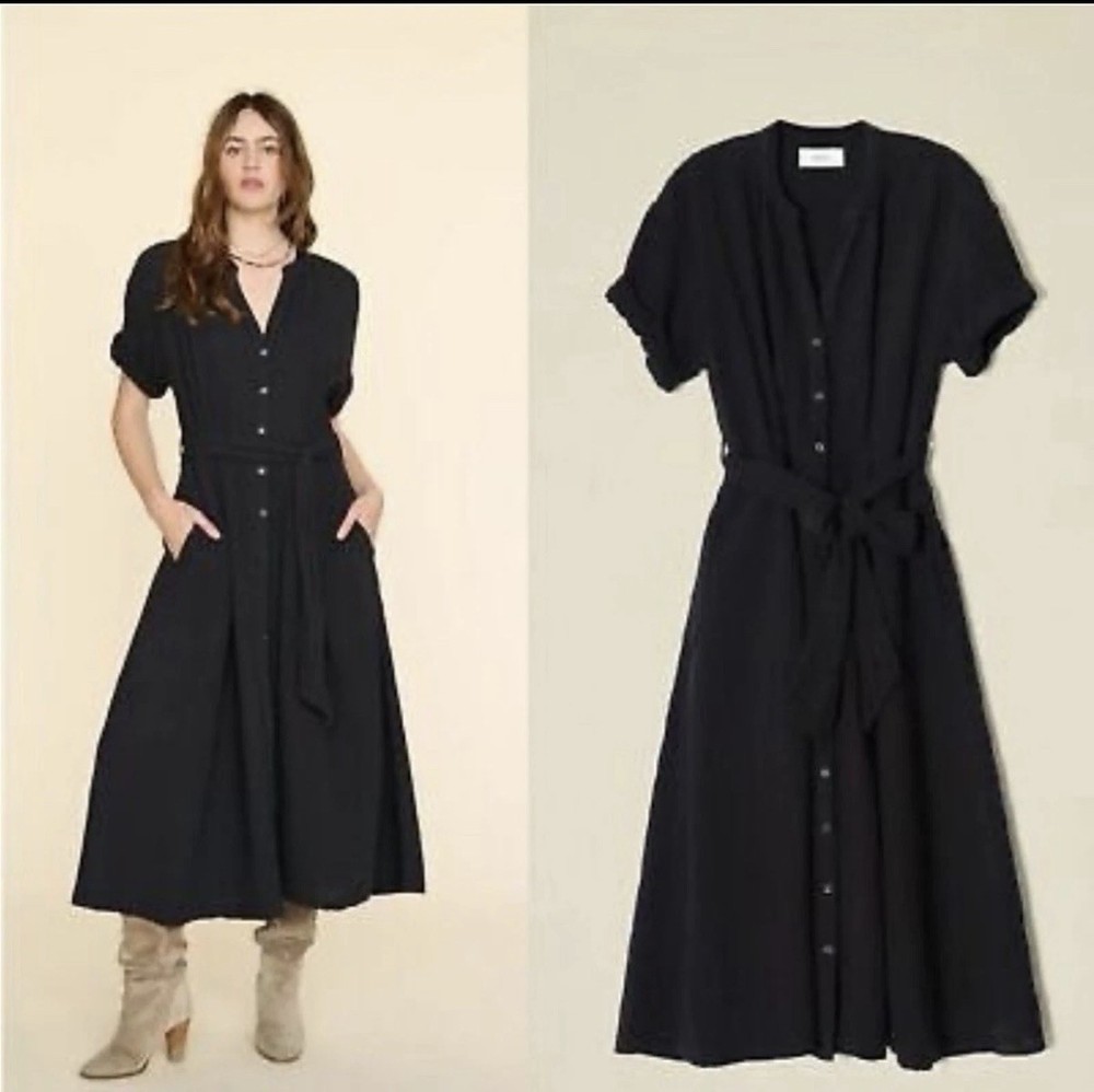 Xirena Cate Black Button Front Belted Midi Shirt Dress V Neck Short Sleeve | M