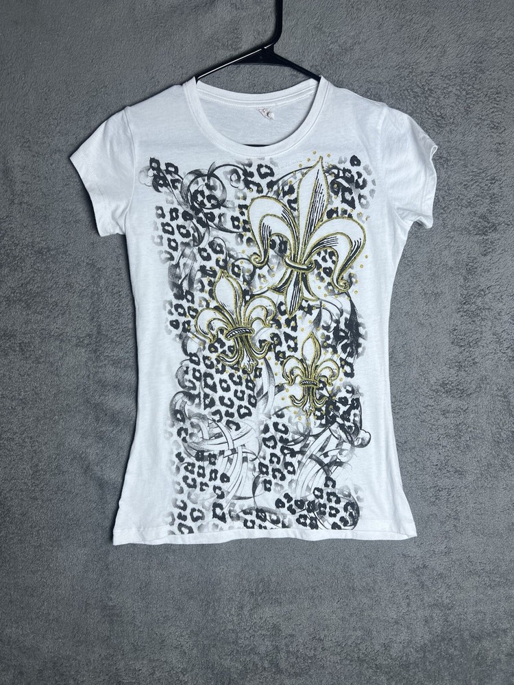 All Over Print Affliction Style Top Size Large White Y2K Grudge Graphic Design