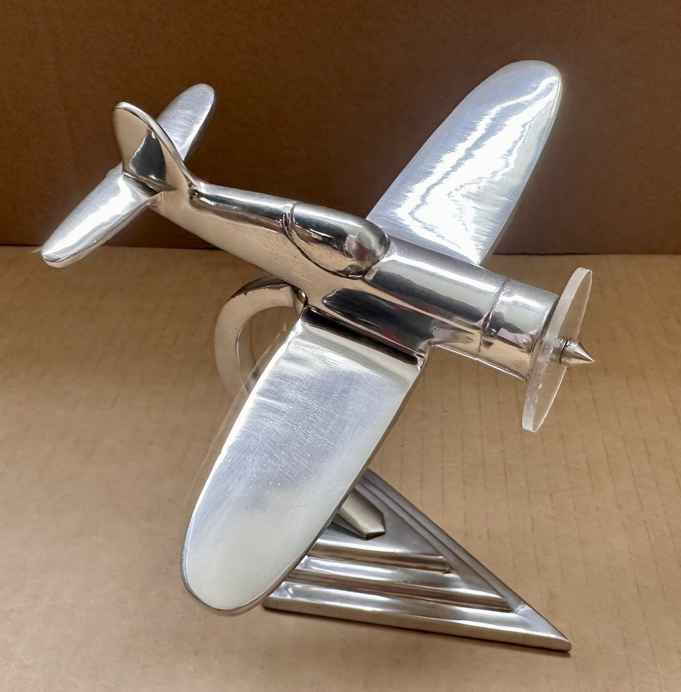 Art Deco Polished Aluminum WWII Corsair Airplane Desk Sculpture Paperweight 7” W