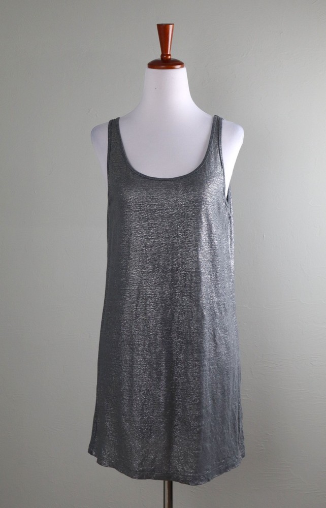 EILEEN FISHER $118 Metallic Silver 100% Organic Linen Tank Top Size Small