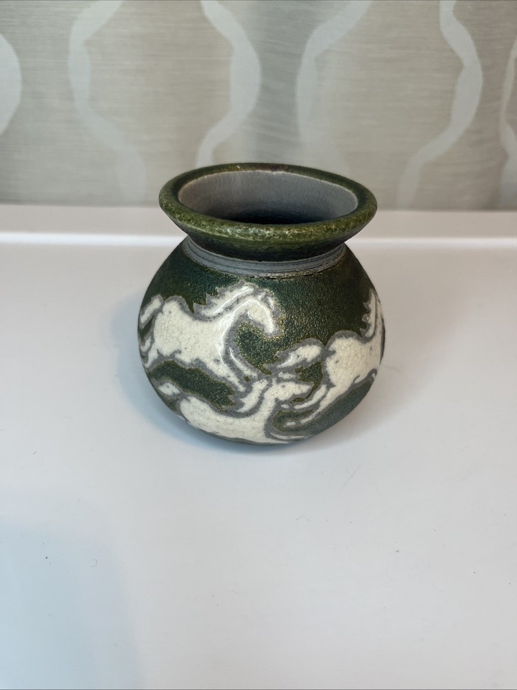 Jeremy Diller Raku Studio Art Pottery Mini Vase Running Horses Iridescent Signed