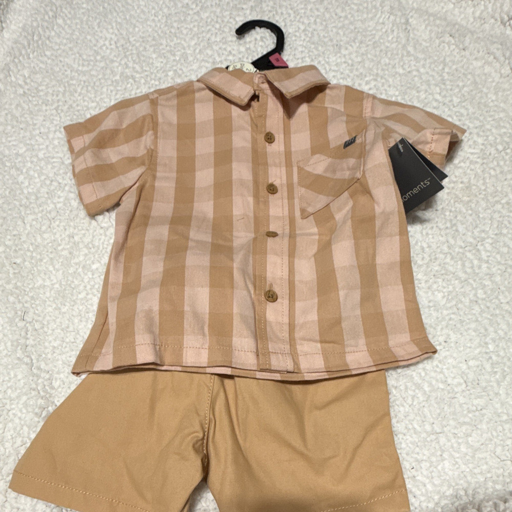 Modern Moments by Gerber 18M Tan/Pink Plaid 2pc Woven Cotton Shirt/Shorts