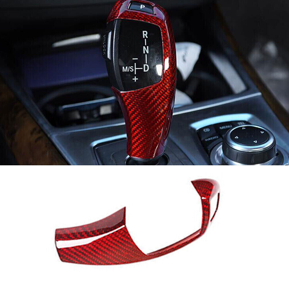 For BMW 5 Series 2008-2010 Red Dry Carbon Fiber Console Gear Shift Knob Cover 1*