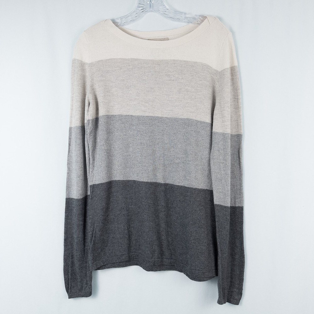 Banana Republic Womens Large Merino Wool Blend Colorblock Sweater in Cream Gray