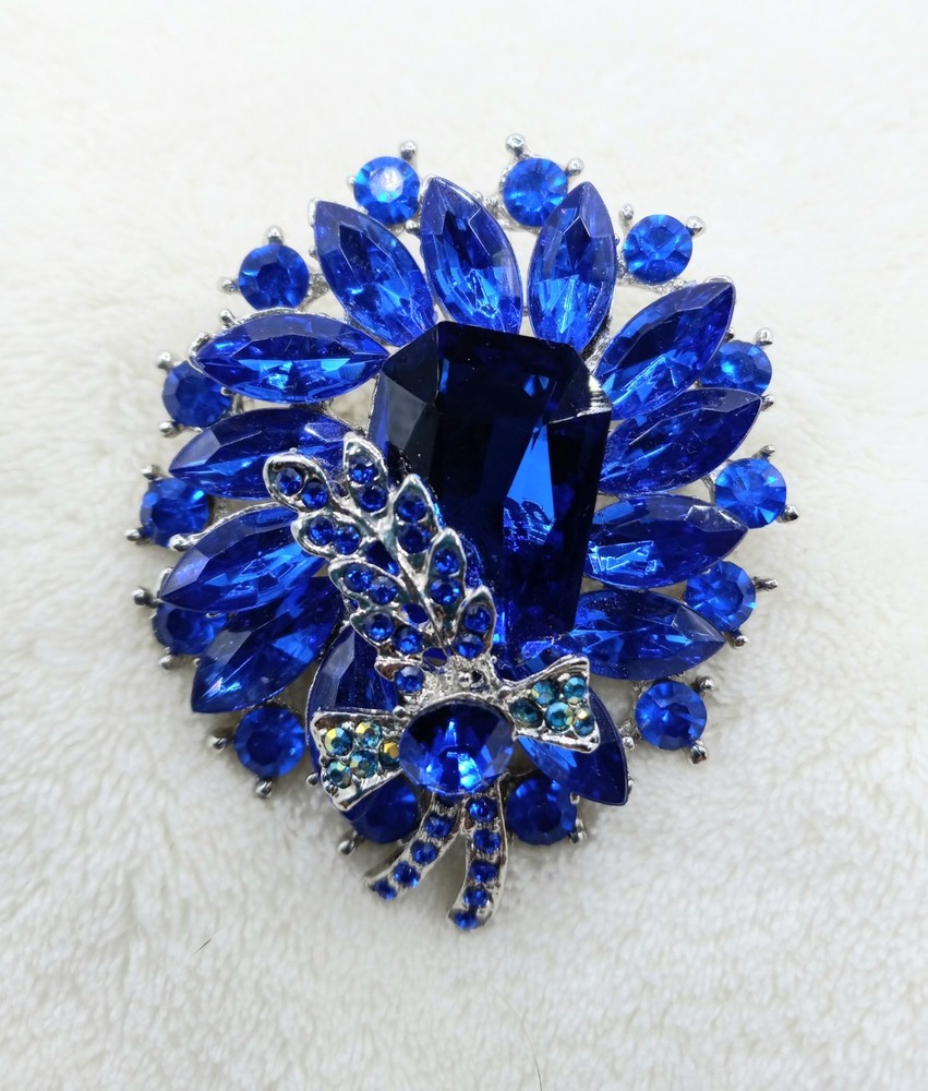 Cobalt Blue color Rhinestones W Clear Crystal Accents Brooch