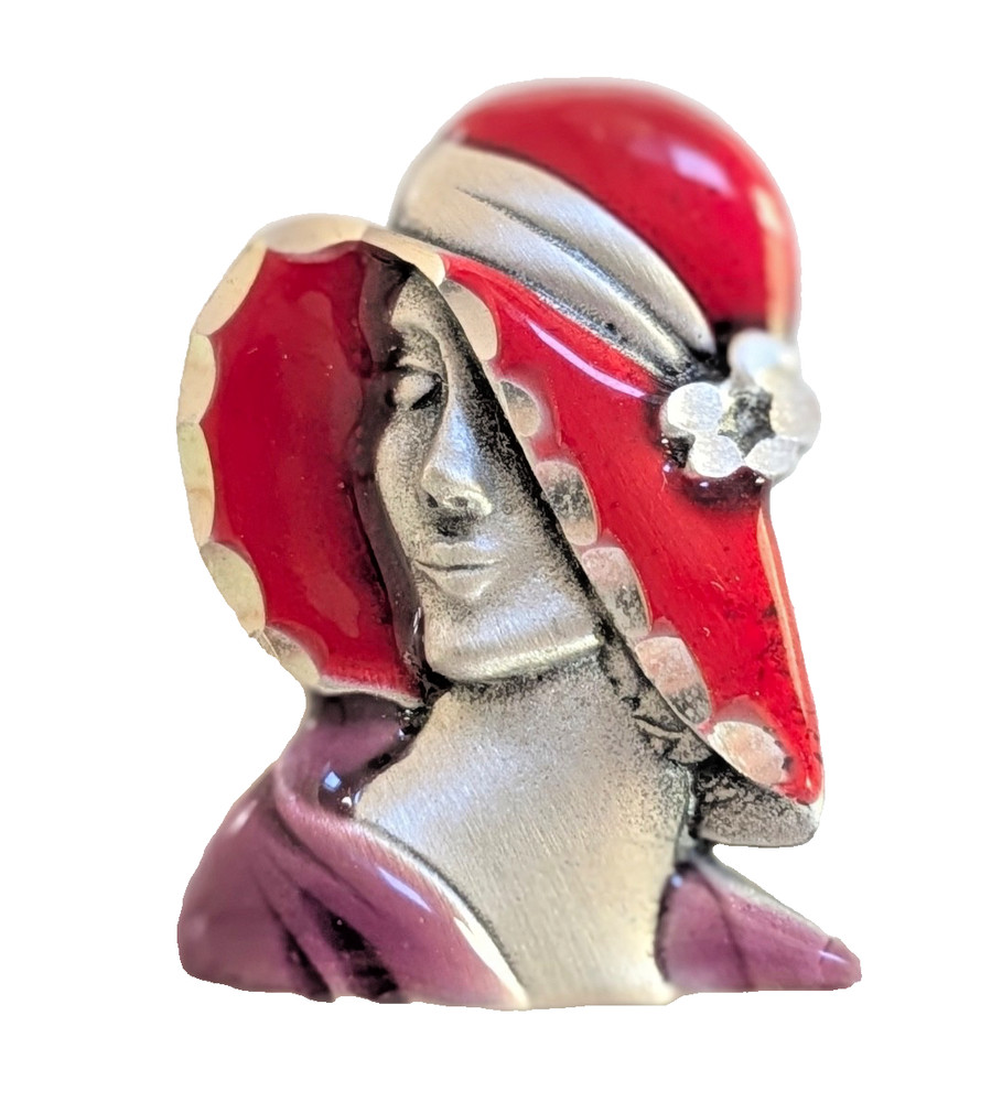 Vintage Signed Trifari Art Deco Revival Flapper Lady Profile Enamel Brooch Pin