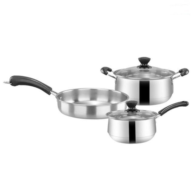 3pcs Stainless Steel Cookware Set Induction Milk Pot Kitchen Cooking Kit