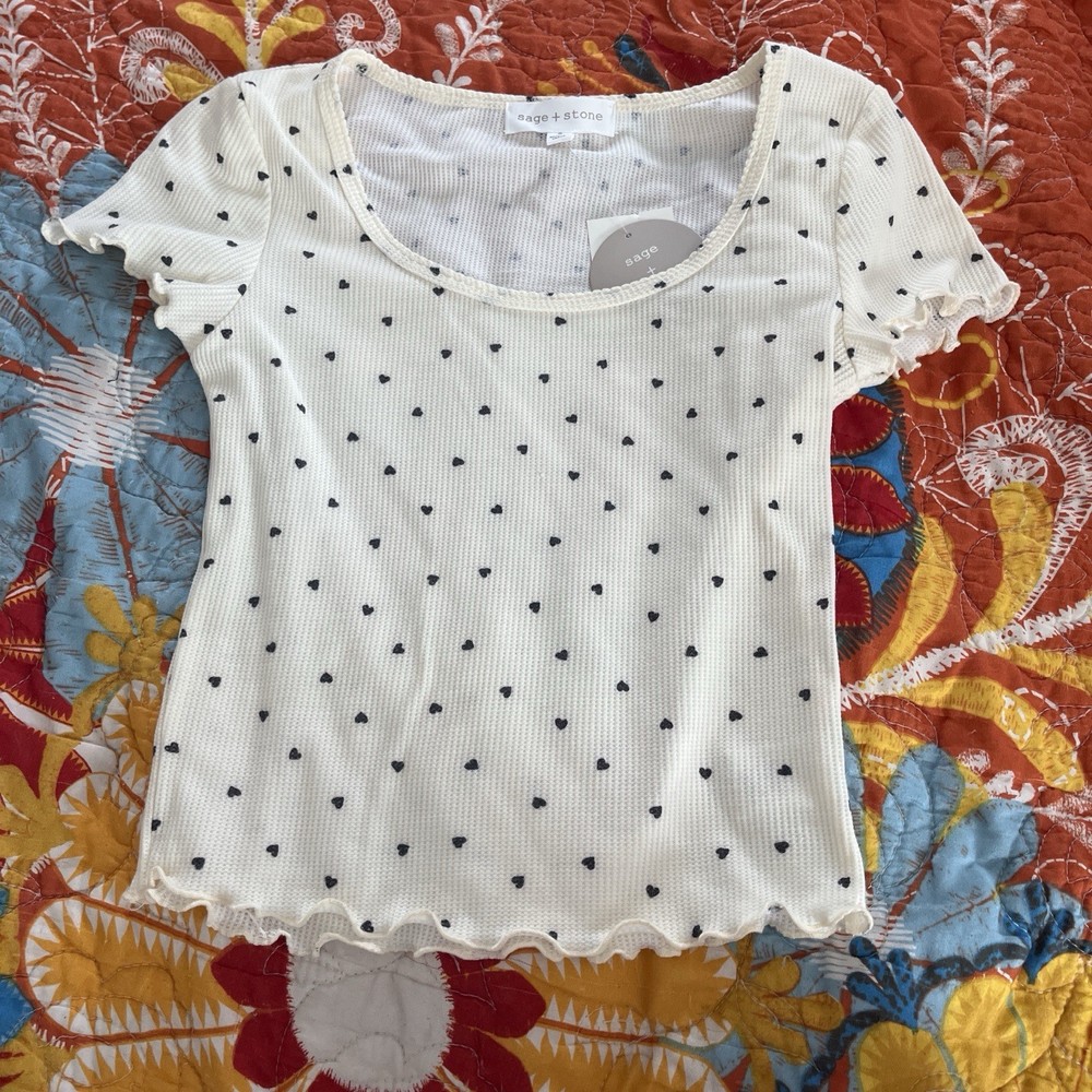 sage + stone White Cotton Rib Knit Heart Scoop Neck Short Sleeve Top L