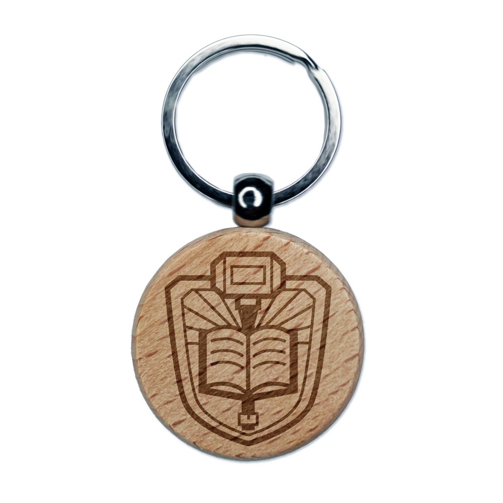 Paladin War Hammer and Libram Tome Engraved Wood Round Keychain Tag Charm