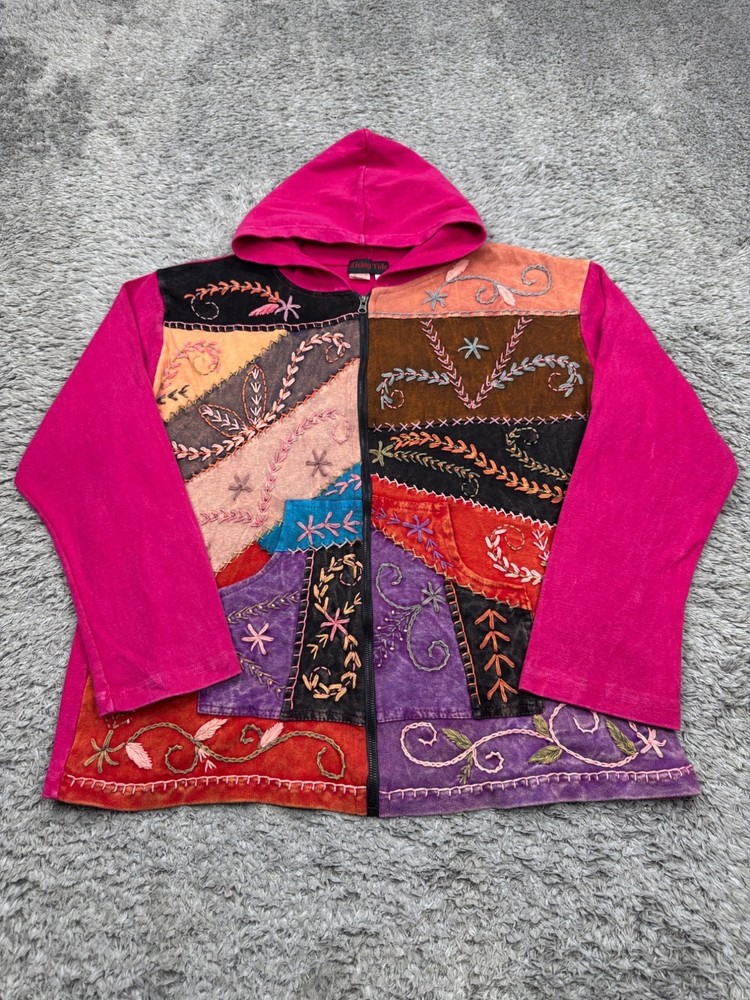 Rising Tide Hoodie Women 1X Hot Fuchsia Pink Artsy Patchwork Full Zip Sweatshirt
