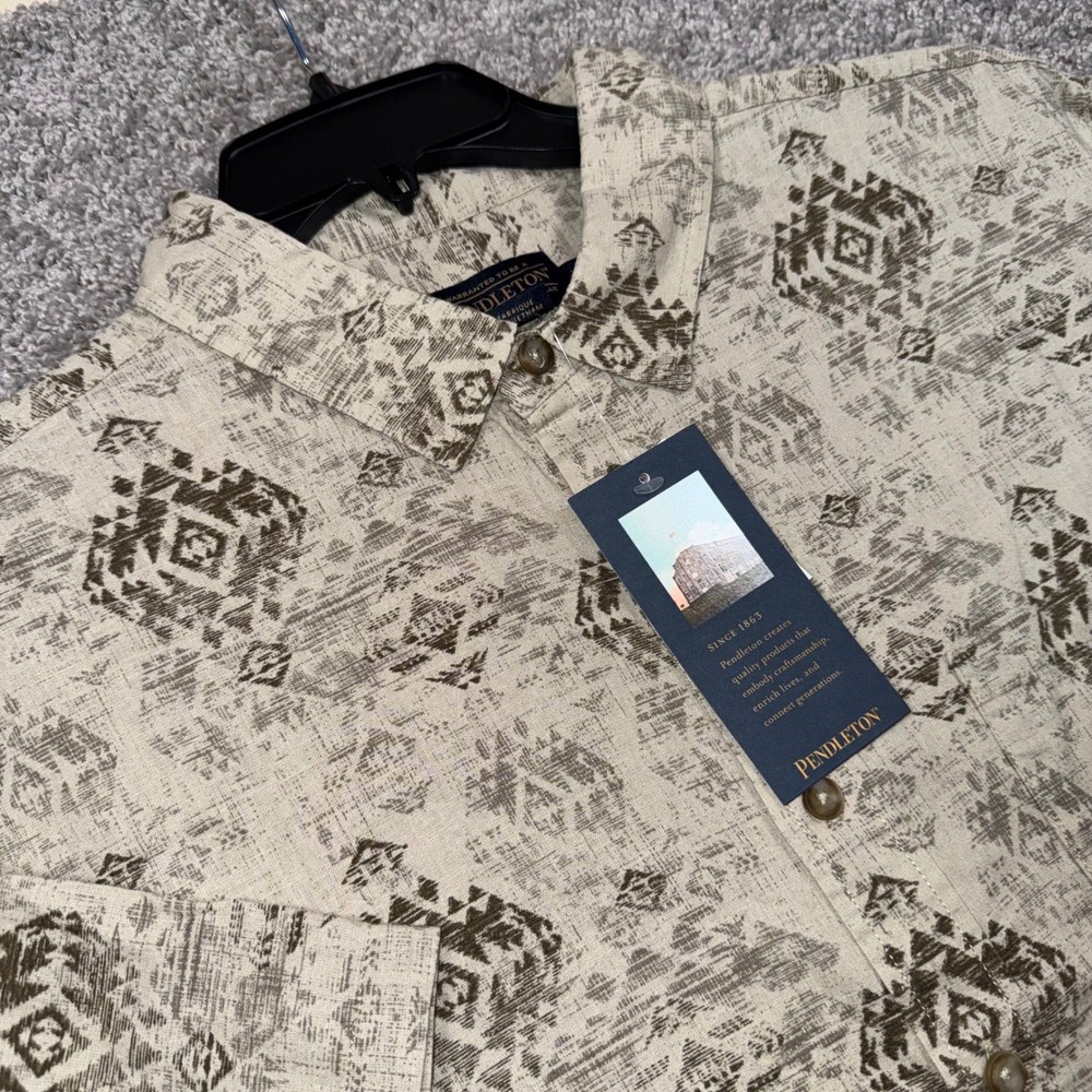 Pendleton Button Down Shirt Mens XL Southwestern Geometric Linen Blend Beige NEW