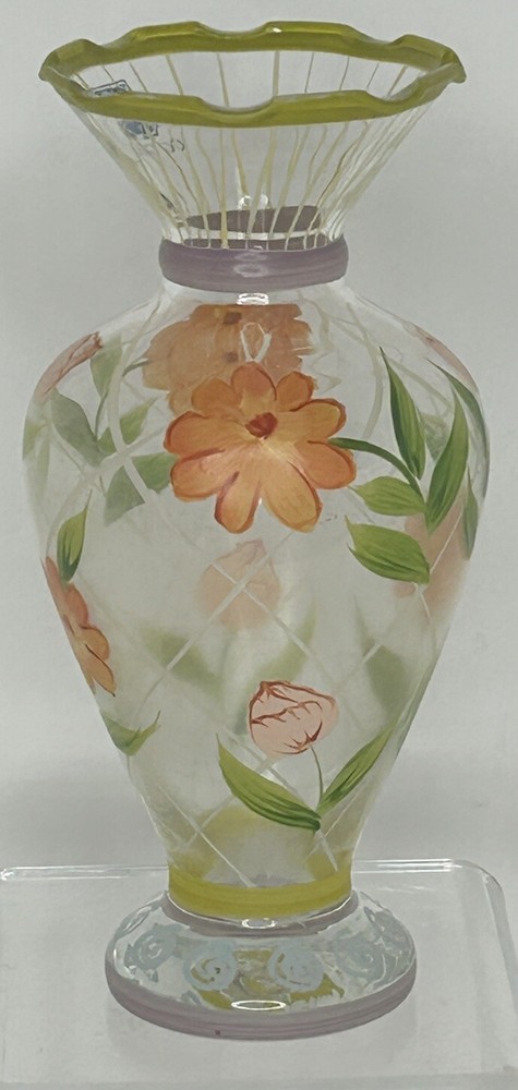 Vintage Tracy Porter Hand Painted Glass Floral Bud Vase Ruffled Edge