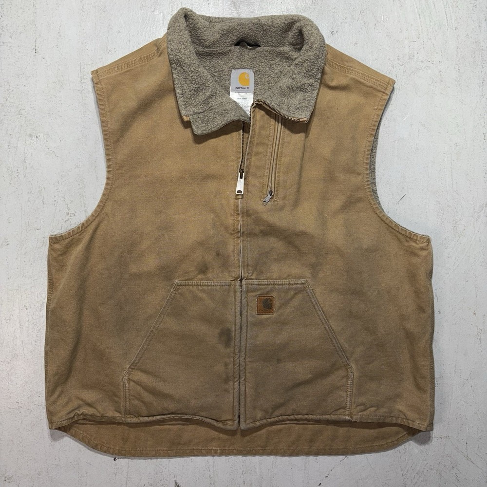 Carhartt Duck Canvas Work Workwear Full Zip Sherpa Lined Tan Utility Vest