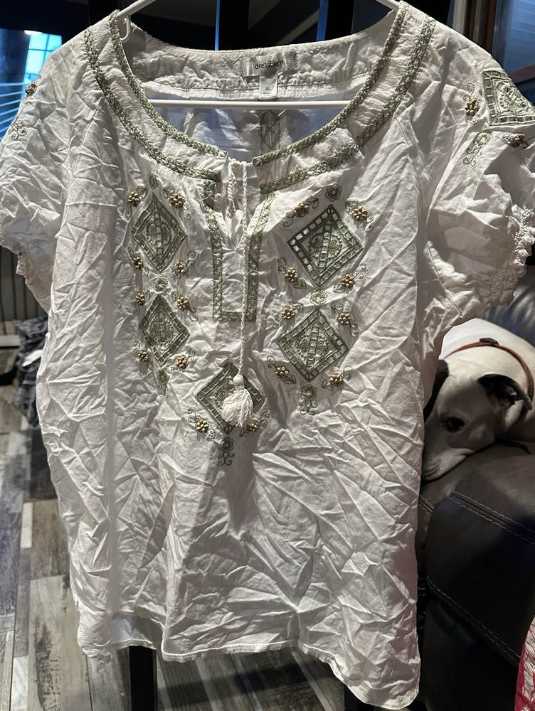 dressbarn Women's XL White Cotton Woven Peasant Blouse Scoop Neck Beaded
