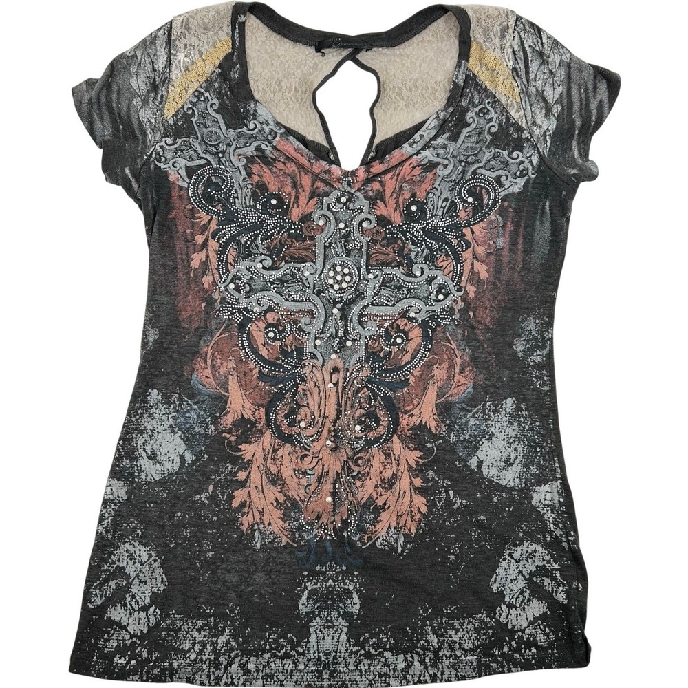 Vintage y2k women's Angels & Diamonds tribal wings cross cyber grunge t shirt