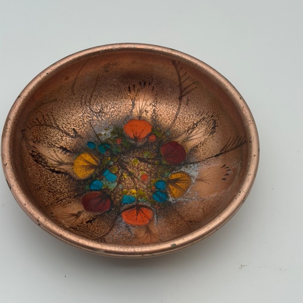 Vintage California Cloisonne Hand Decorated Enamel on Copper Dish Landau 5.5”