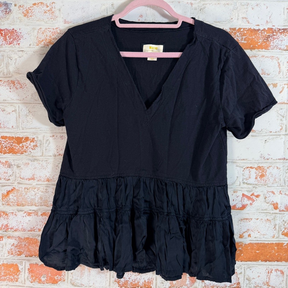 Maeve Anthropologie Louisa Tee Womens Small Black V-Neck Tiered Ruffle