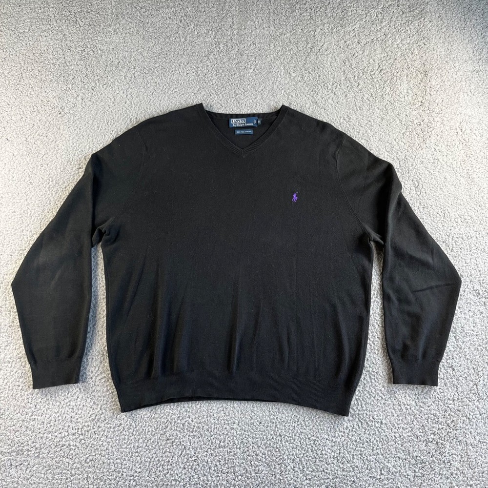 Polo Ralph Lauren Sweater Mens XL Black 100% Pima Cotton Pullover V Neck Classic