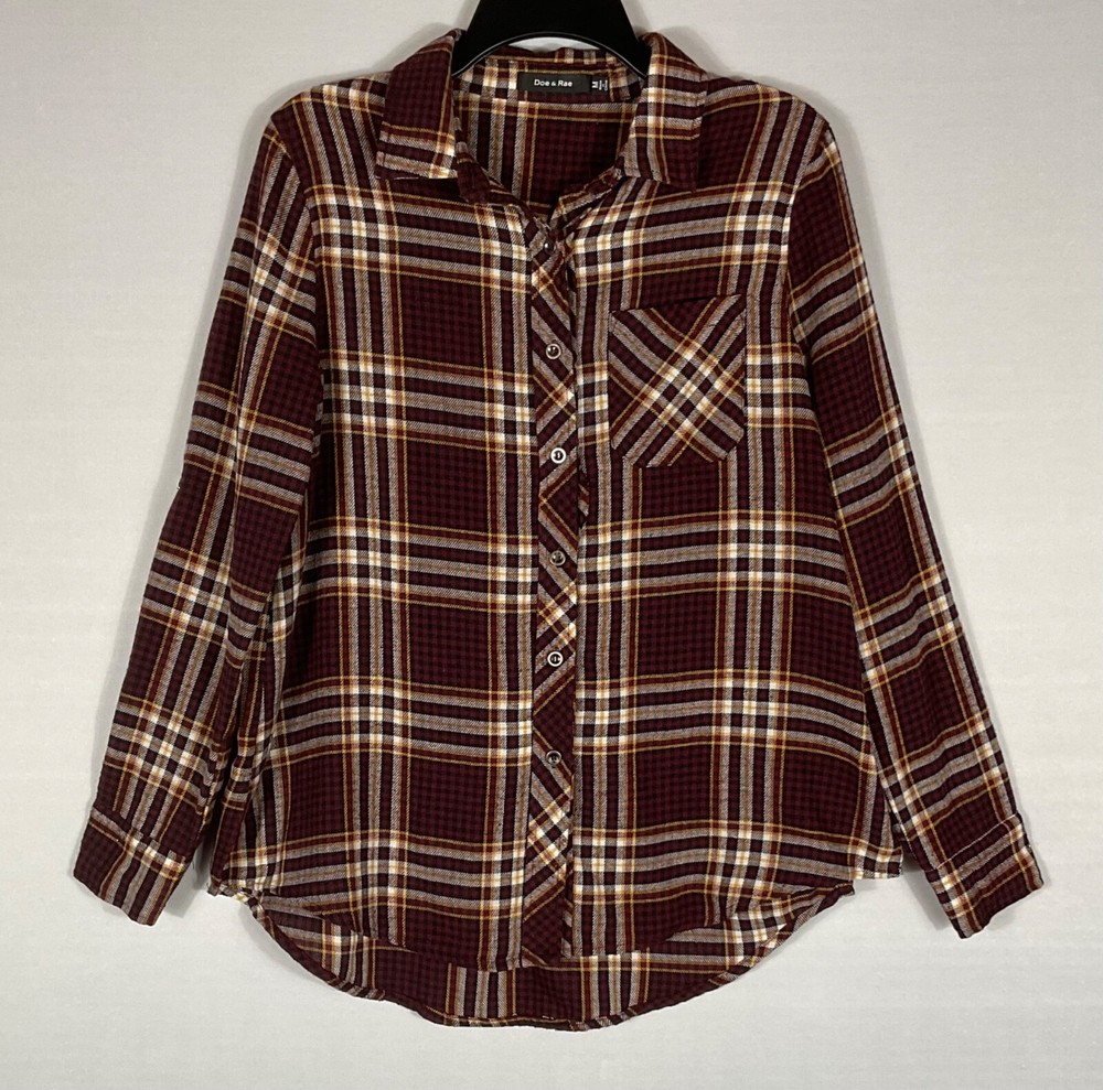 Doe & Rae Flannel Shirt Womens Med Red Plaid Button Up Long Roll Tab Sleeve