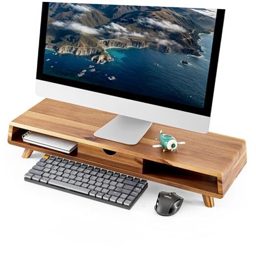 Acacia Wood Monitor Stand with Drawer for Desk Organization-image