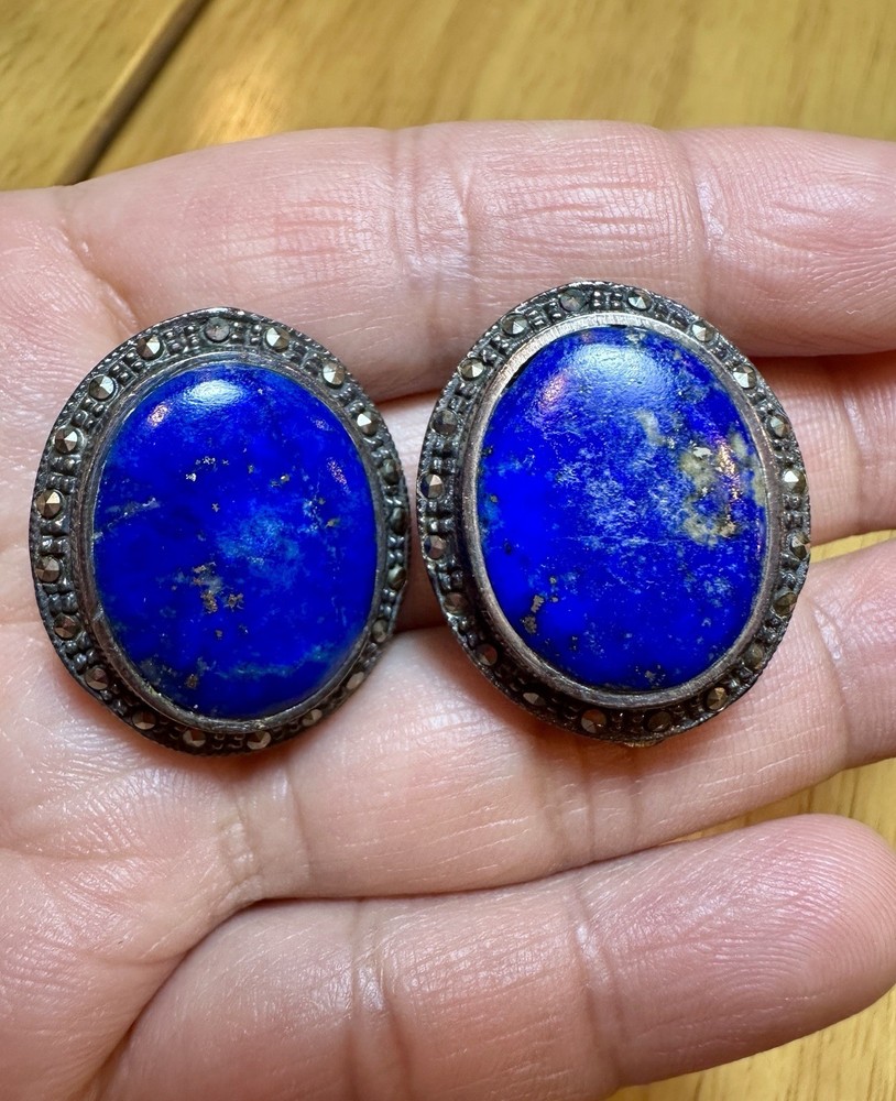 Vintage 925 Sterling Silver Large Oval Lapis Lazuli w/Marcasite Clip on Earrings