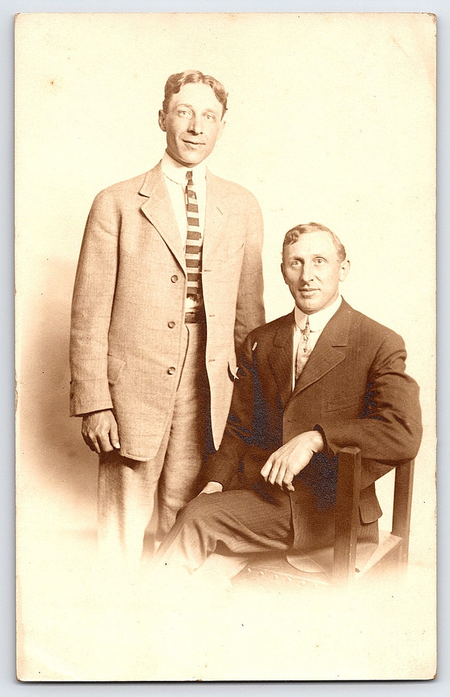 Portrait Picture Of Two Men In Suits Chair Vintage Real Photo Postcard RPPC