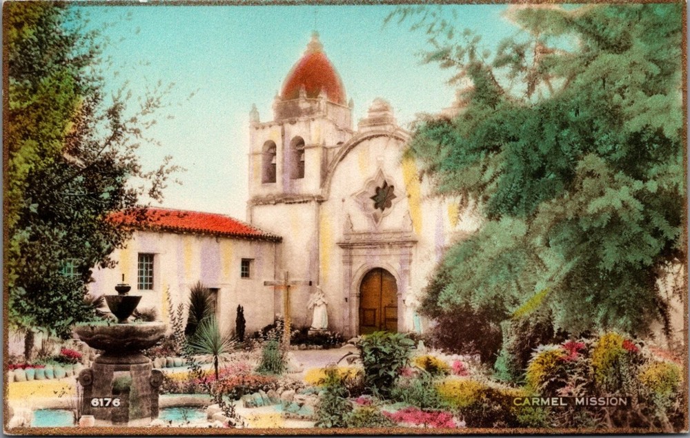 Vtg Carmel Mission CA Hand Colored Photo Postcard Fred W Martin California 6176