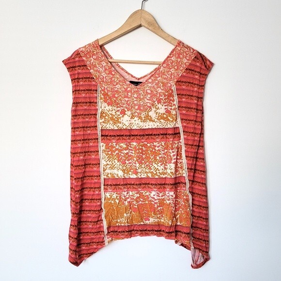 Boho Crochet Orange Tank Top‎ Small Asymmetrical Hem Patterned Sleeveless V Neck