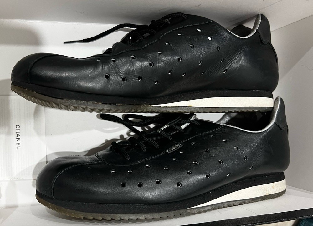 CHANEL Black Leather Sneakers Shoes Coco US 6.5 Women