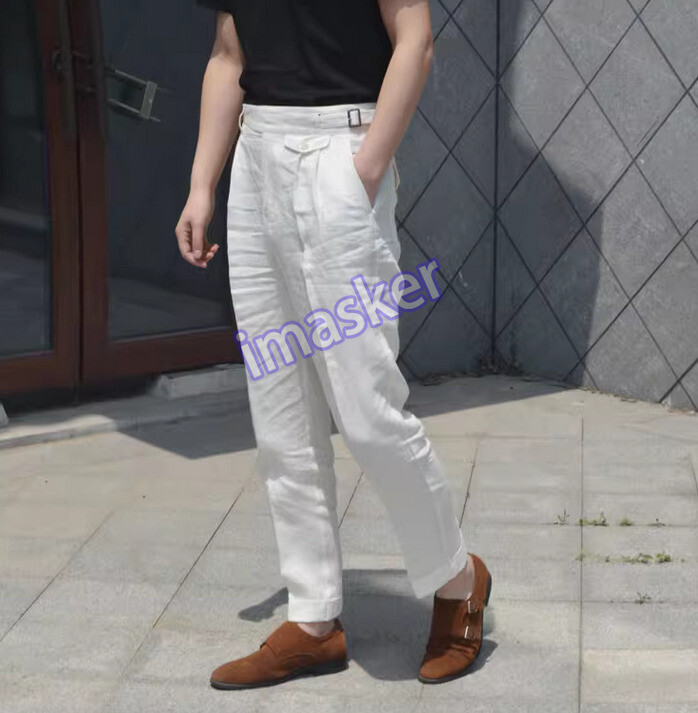 Mens Retro High Waist Gurkha Trousers Casual Linen Business Pants Straight Fit