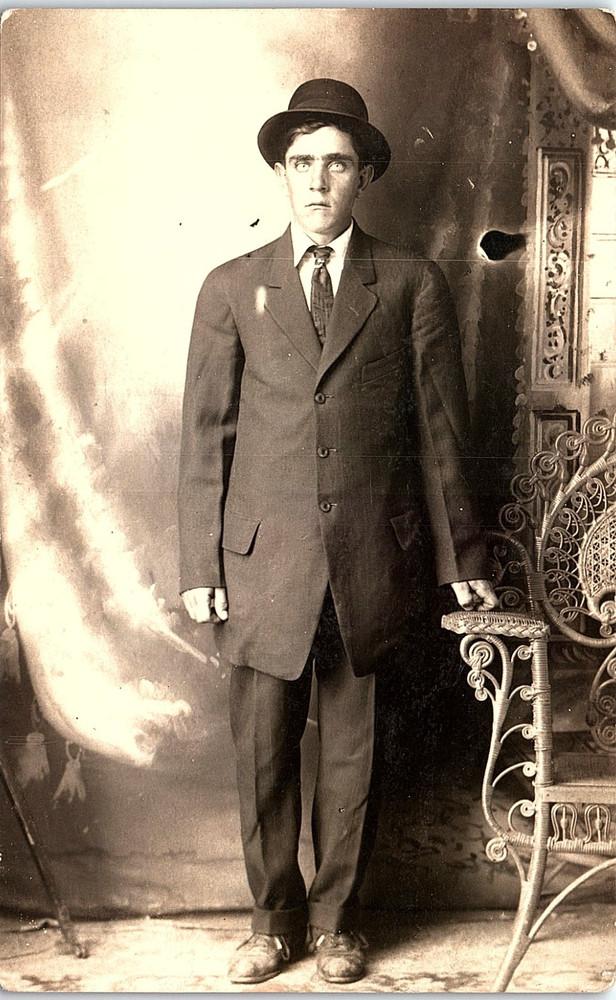 Vintage RPPC Young Man Formal Suit Hat Studio Portrait Photo Postcard