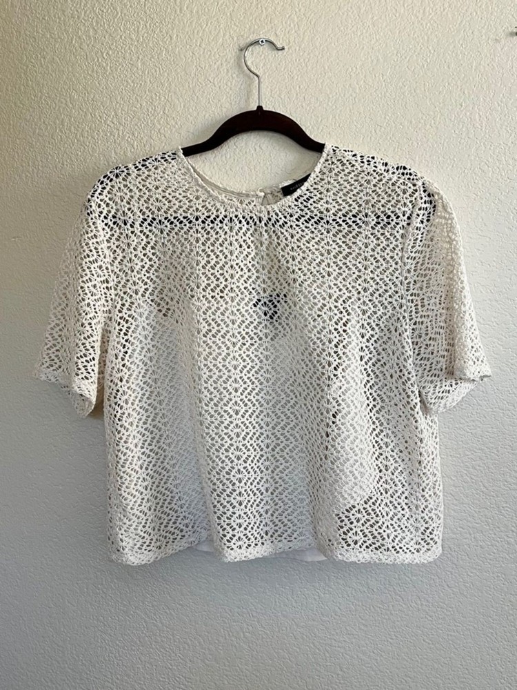 Halogen White Crochet Boxy Short-Sleeve Top