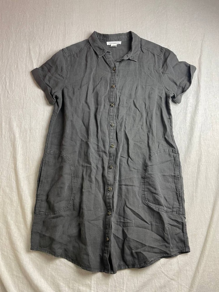 Lucky Brand Shirt Dress Womens Large Gray Linen Blend Button Up Knee Length
