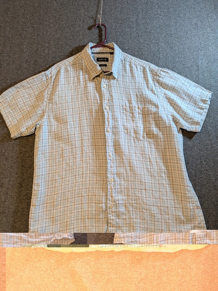 Orvis Shirt Mens XL Blue Check Linen Short Sleeve Button Front Casual Pocket