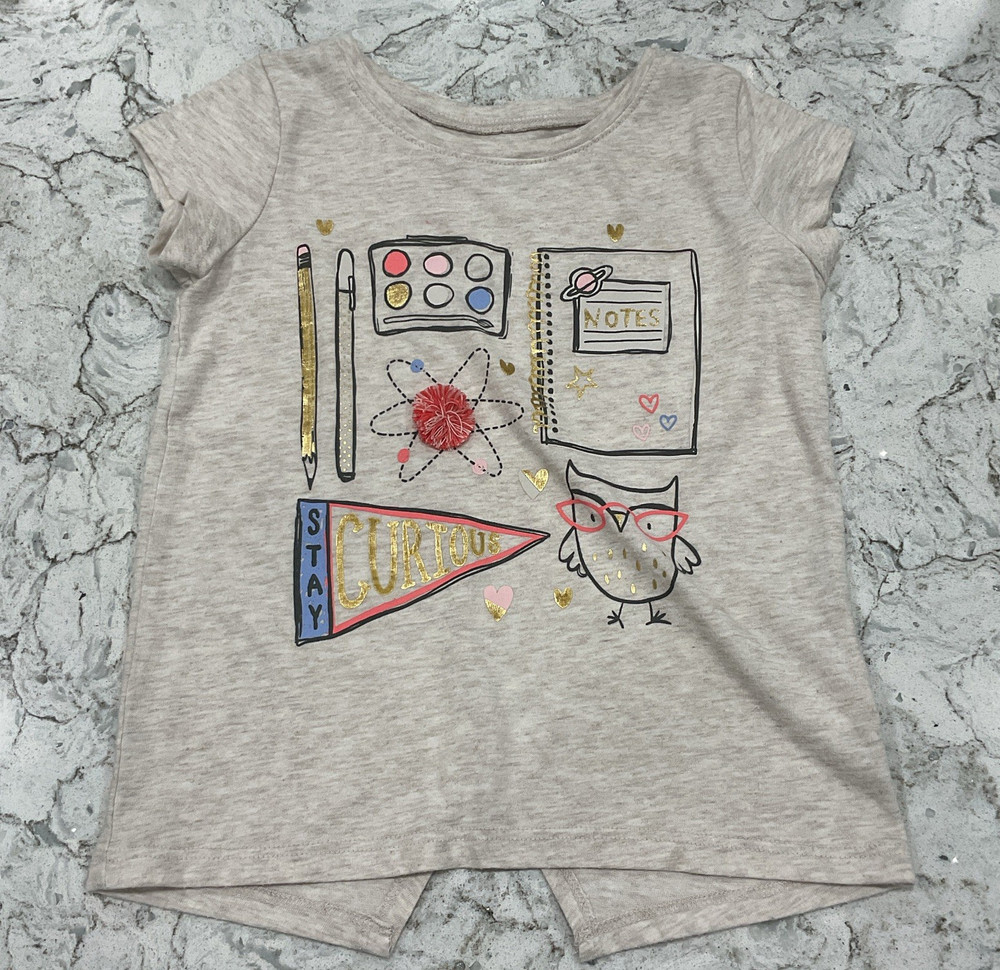 Jumping Beans Girls 4 Beige Short Sleeve Crew Neck Owl Graphic Glitter T-Shirt