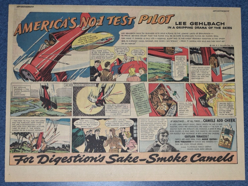 1936 - Camels Newspaper comic ad - America's #1 Test Pilot - LEE GEHLBACH
