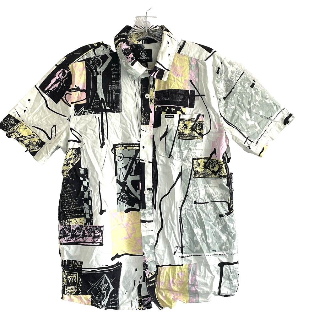 Volcom Shirt Men S-P White w/Abstract Black/yellow Graphic Button Short Sleeve-image