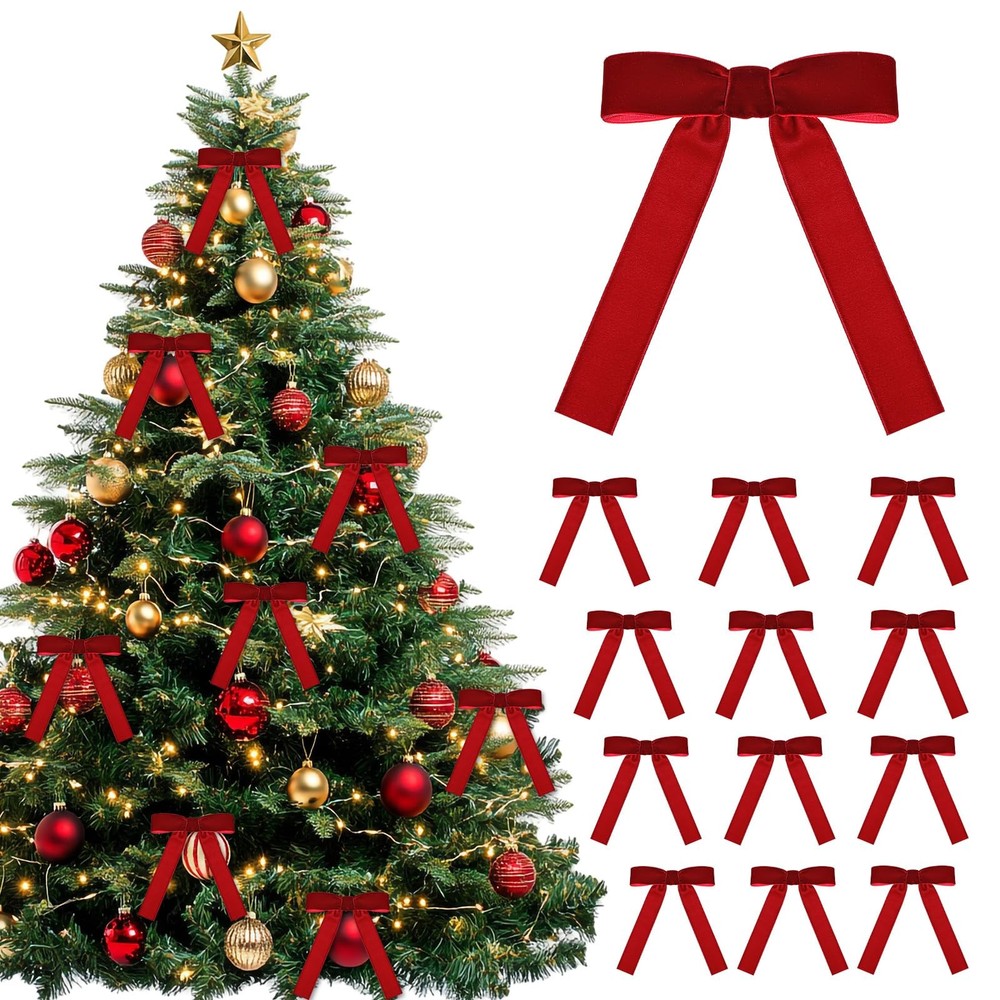 12PCS Red Velvet Christmas Bows with Gold Ties for Tree Wreath Garland Decor