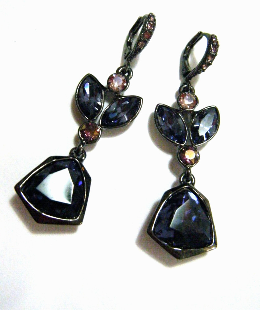 Pretty Givenchy Gun Metal Purple Smoky Crystal Rhinestones Dangle Drop Earrings