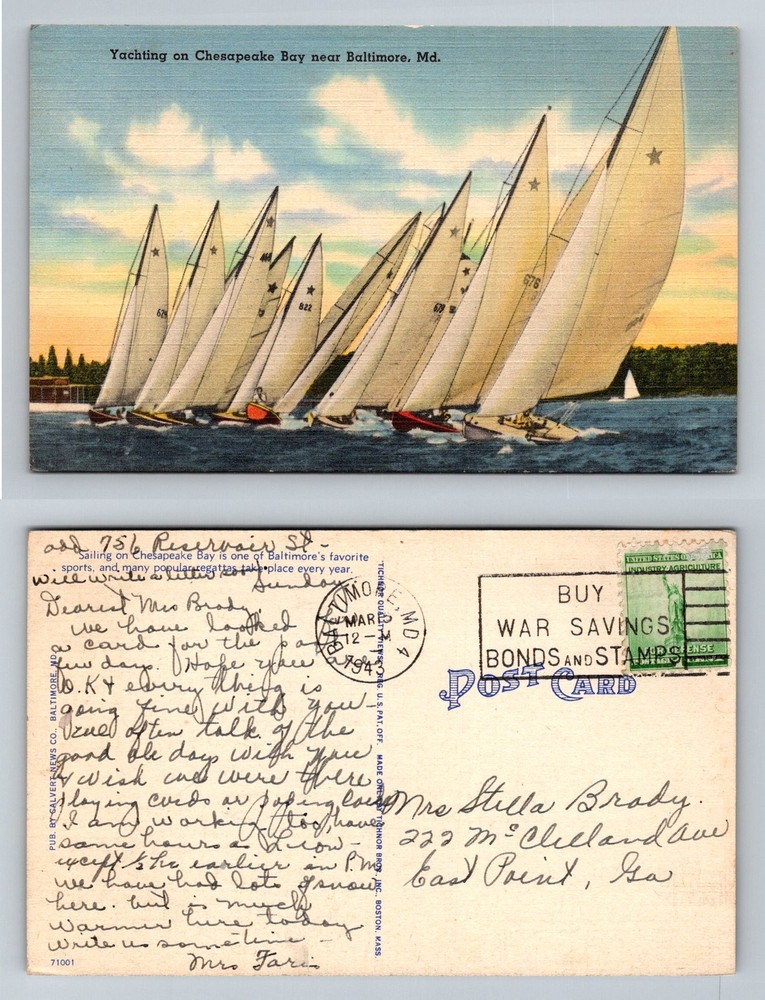 Baltimore, MD-Maryland, Chesapeake Bay Yachting Regatta Vintage c1943 Postcard