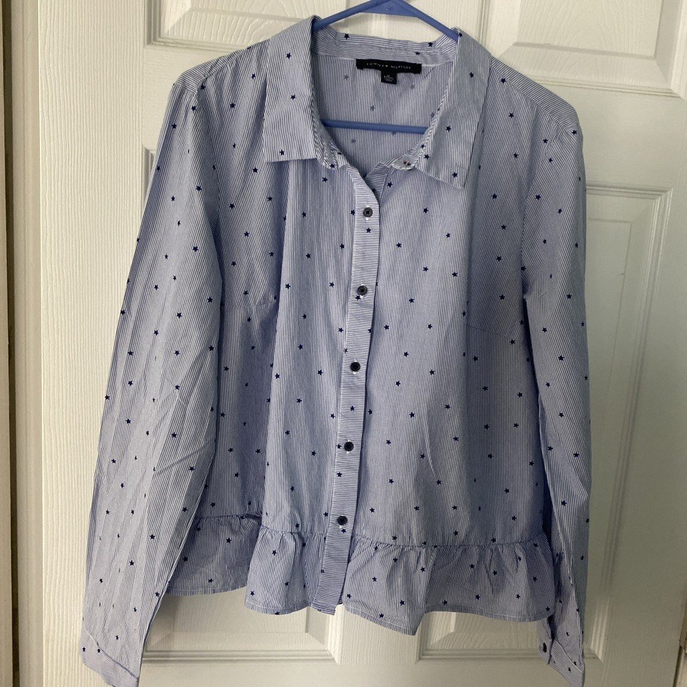 Tommy Hilfilger Womens long Sleeve Blue Pin Stripe and stars Button Down. Xl