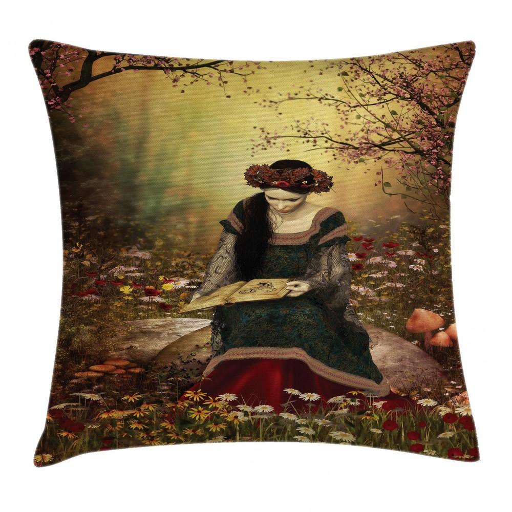 Medieval Lady with Book Square Throw Pillow Cover 18 Inch Decor Cushion