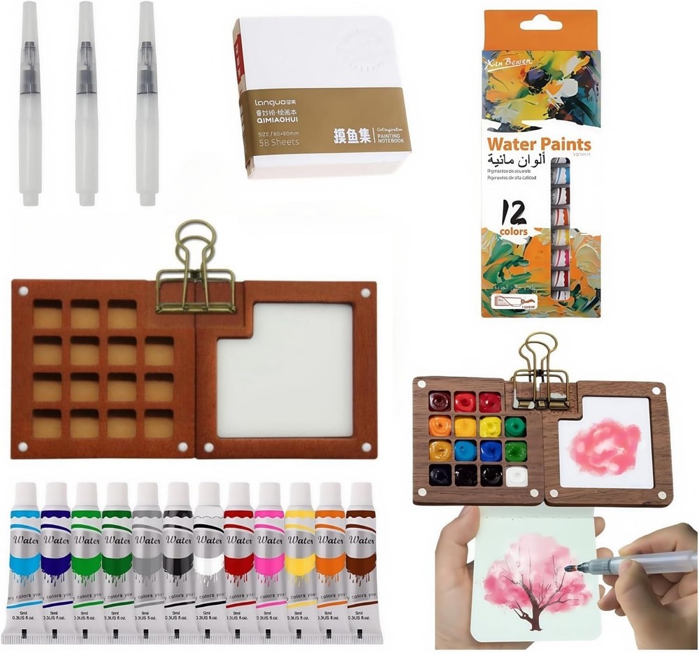 Mini Watercolor Set with 12 Colors, 3 Brushes & Sketchbook - Travel-Friendly