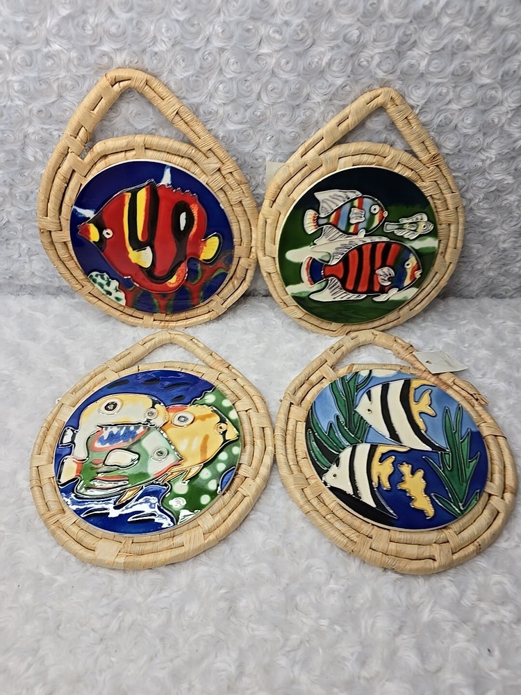 LOT 4 Ceramic Tile Trivets Wall Decor Exotic Fish Colorful Vintage NOS