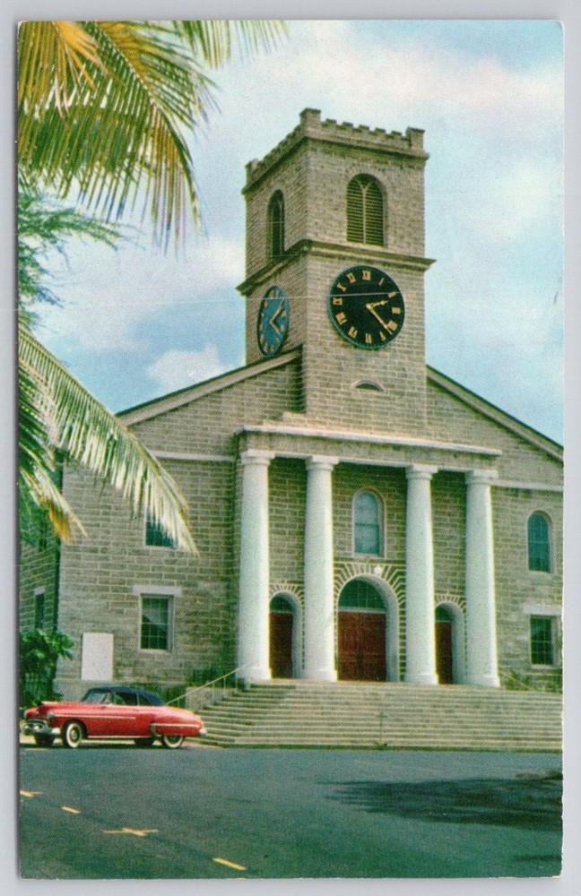 Kawaiahao Church Honolulu Hawaii Mirro-Krome Postcard Vintage 1950s Red Car