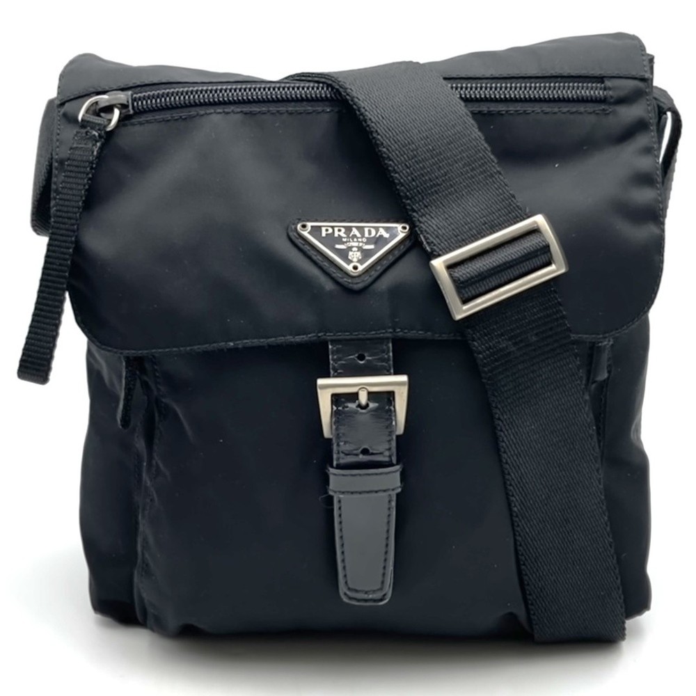 RARE PRADA Black Nylon Shoulder Bag with Triangle Logo for Men and Women