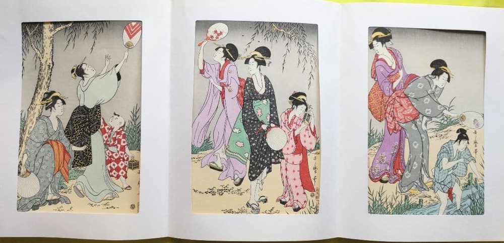 Kitagawa Utamaro Ukiyo-e Woodblock Print Firefly Hunting Triptych Japanese Art