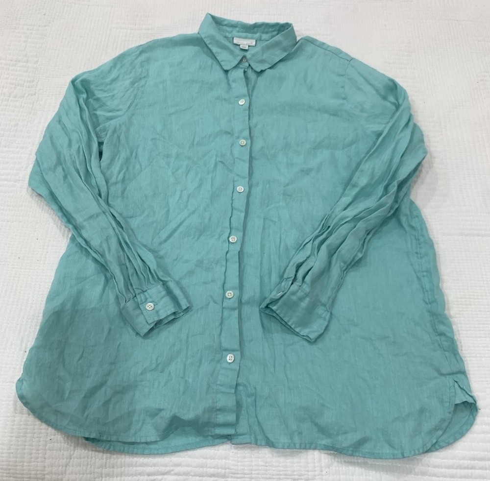 J Jill Love Linen Shirt Women Large Tall Blue Long Ruffle Sleeve Button Up LT