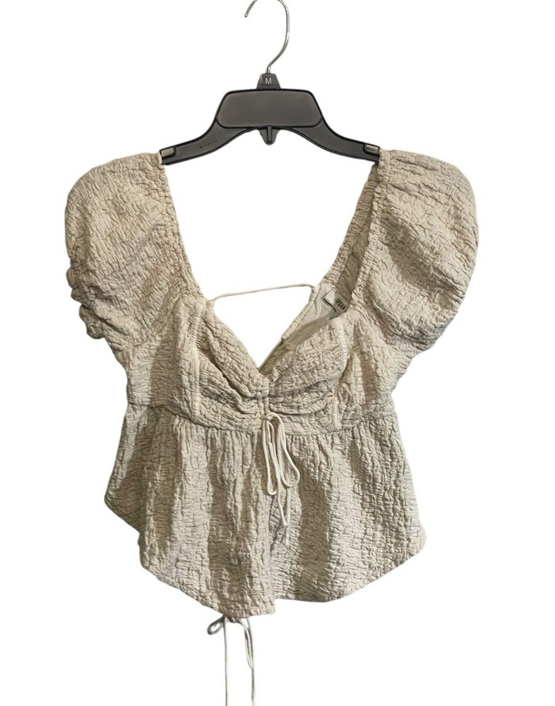 Y2K Urban Outfitters Top XS Babydoll Beige Puff Sleeve Beige Crop Gauze Coquette