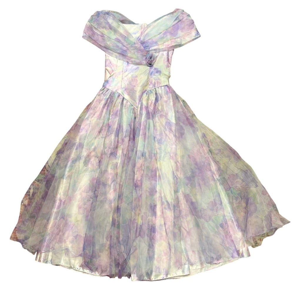 Vintage Watercolor Floral Organza Prom Ball Gown Dress Off Shoulder
